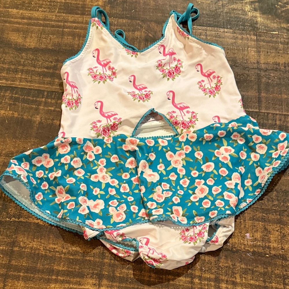 SweetHoney Pink Flamingo and Blue Floral Kids Swim One Piece size 12